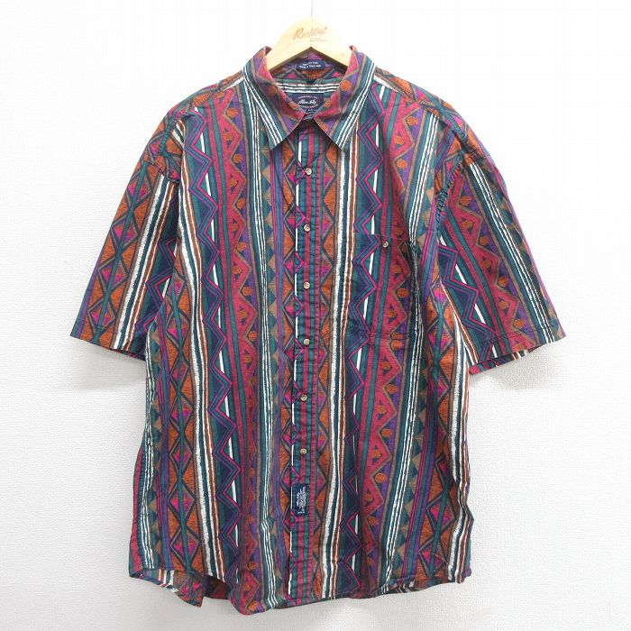 XL★古着 半袖 シャツ メンズ 90年代 90s ネイティブ柄 ラグ柄 大きいサイズ ロング丈 薄紺他 ネイビー ストライプ 25jun18 中古 トップス