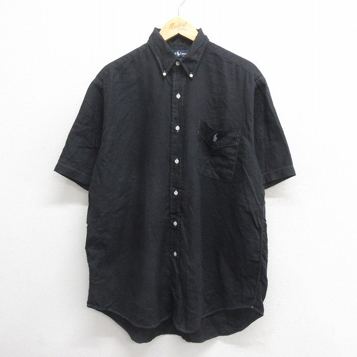 XL★古着 ラルフローレン Ralph Lauren 半袖 ブランド シャツ メンズ 90年代 90s ワンポイントロゴ BLAKE リネン ボタンダウン 黒 ブラック 25jun18 中古 トップス