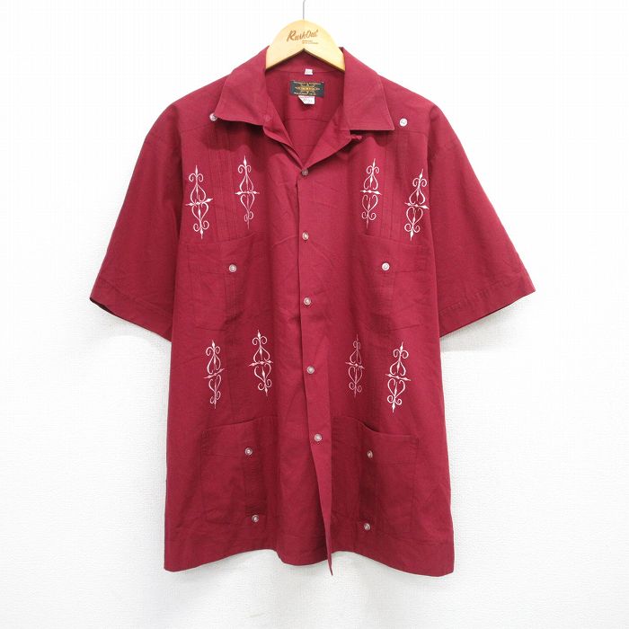 XL★古着 半袖 シャツ メンズ 90年代 90s 刺繍 大きいサイズ 開襟 オープンカラー エンジ 25jun18 中古 トップス