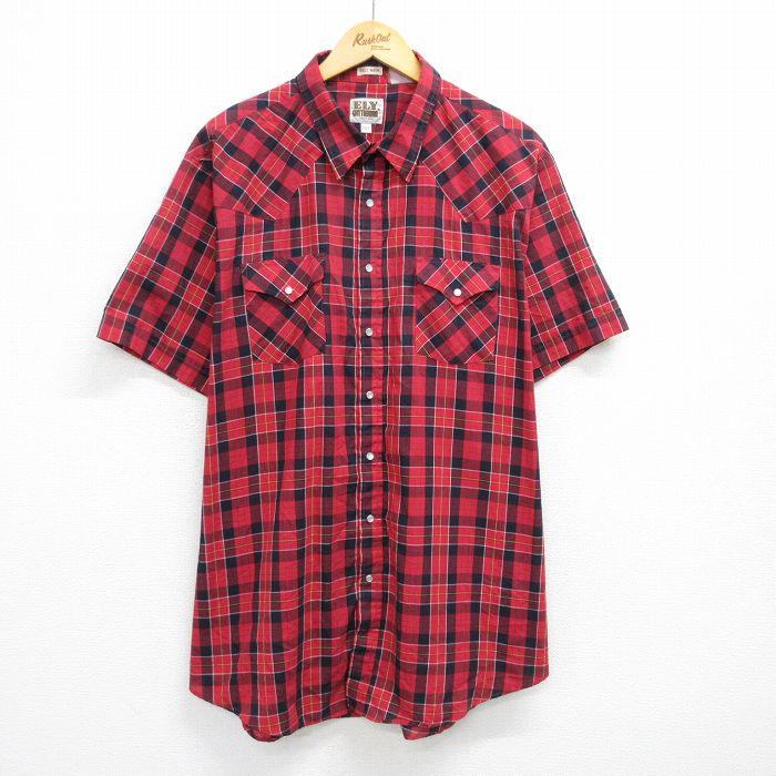 XL★古着 ELY 半袖 ウエスタン シャツ メンズ 90年代 90s 大きいサイズ ロング丈 赤他 レッド チェック 25jun18 中古 トップス