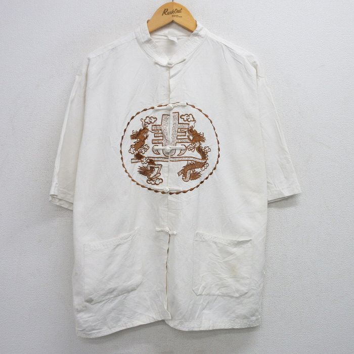XL★古着 半袖 チャイナ シャツ メンズ 龍 刺繍 大きいサイズ ノーカラー 白 ホワイト 25jun18 中古 トップス