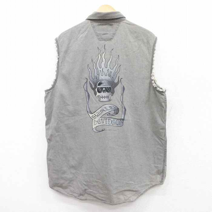 XL★古着 ハーレーダビッドソン Harley Davidson ノースリーブ シャツ メンズ スカル ロング丈 コットン 濃グレー デニム 25jun18 中古 トップス