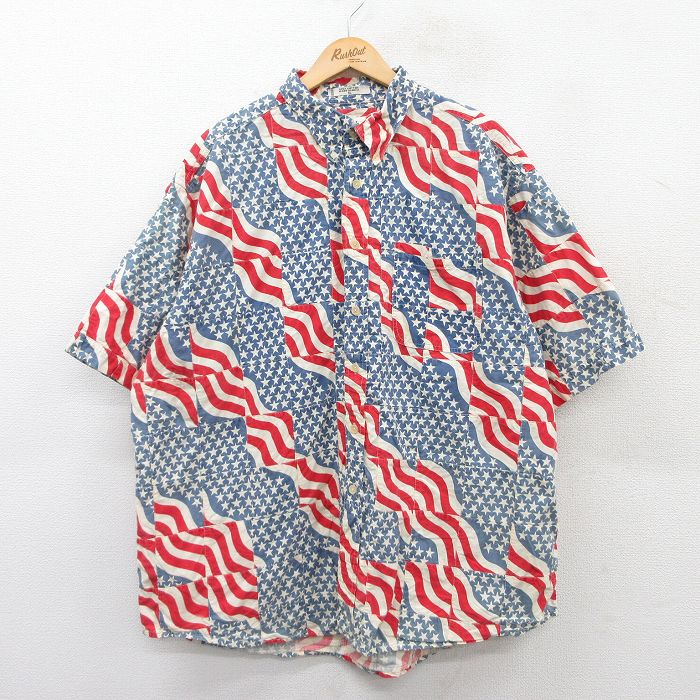 XL★古着 オービス ORVIS 半袖 シャツ メンズ 00年代 00s 星条旗 大きいサイズ コットン ボタンダウン 薄紺他 ネイビー 【spe】 25jun18 中古 トップス