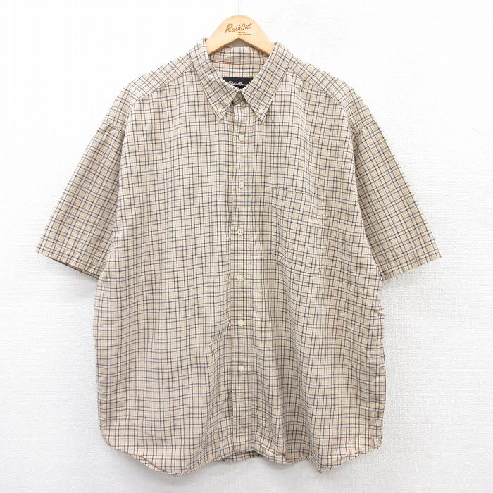 XL★古着 エディーバウアー 半袖 シャツ メンズ 00年代 00s 大きいサイズ ロング丈 コットン ボタンダウン ベージュ他 カーキ チェック 【spe】 25jun18 中古 トップス