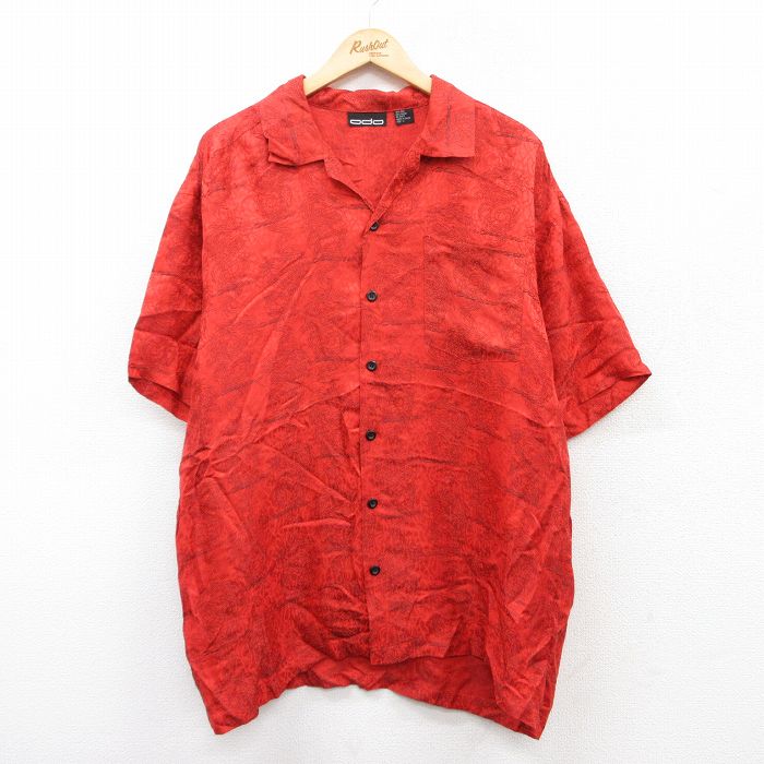 XL★古着 半袖 シャツ メンズ 00年代 00s 龍 総柄 ロング丈 シルク 開襟 オープンカラー 赤系他 レッド 25jun18 中古 トップス