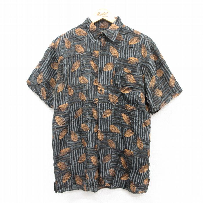 M★古着 半袖 シャツ メンズ 90年代 90s 葉 総柄 シルク 黒他 ブラック 25jun18 中古 トップス