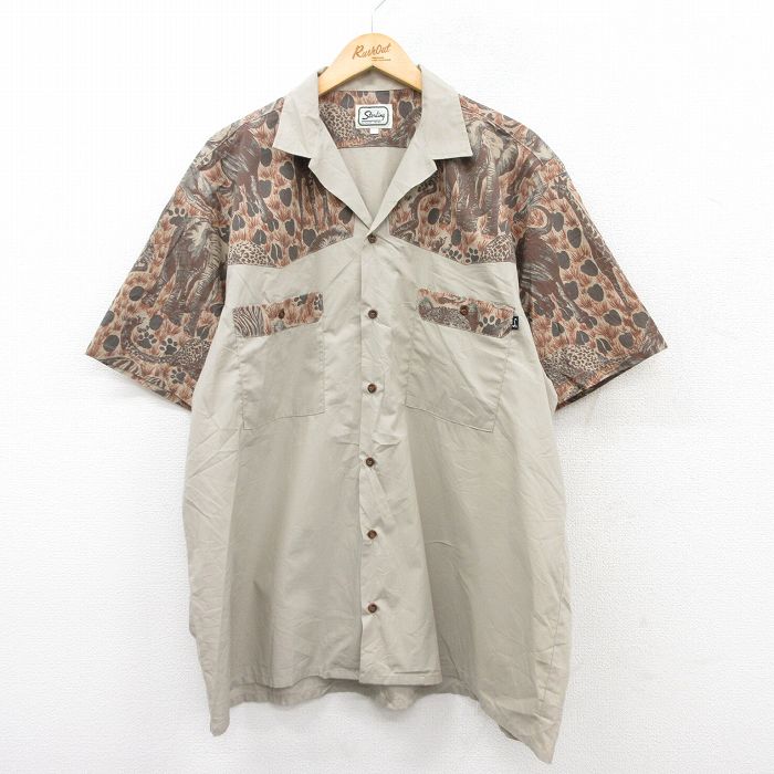 【50%OFF】XL★古着 半袖 シャツ メンズ ゾウ キリン ロング丈 開襟 オープンカラー ベージュ他 カーキ 25jun18 中古 トップス
