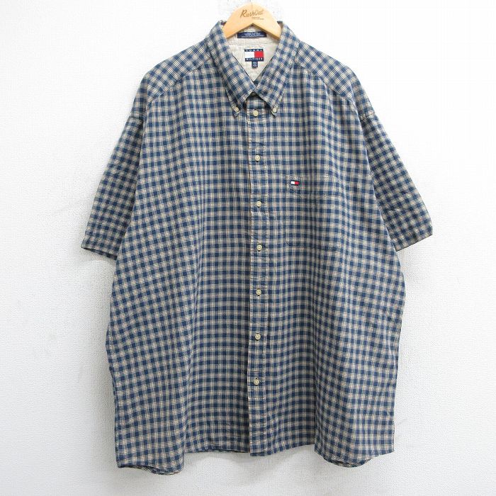 【50%OFF】XL★古着 トミーヒルフィガー TOMMY HILFIGER 半袖 ブランド シャツ メンズ 90年代 90s ワンポイントロゴ 大きいサイズ ロング丈 コットン ボタンダウン 紺他 ネイビー チェック 【spe】 25jun18 中古 トップス