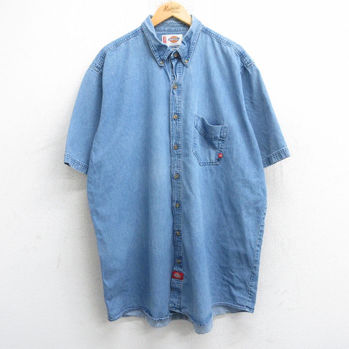 XL★古着 ディッキーズ Dickies 半袖 シャツ メンズ 大きいサイズ ロング丈 コットン ボタンダウン 紺 ネイビー デニム 25jun18 中古 トップス