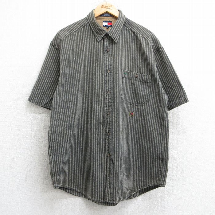 XL★古着 トミーヒルフィガー TOMMY HILFIGER 半袖 ブランド シャツ メンズ 90年代 90s ワンポイントロゴ ロング丈 コットン 濃グレー系他 ストライプ 25jun18 中古 トップス