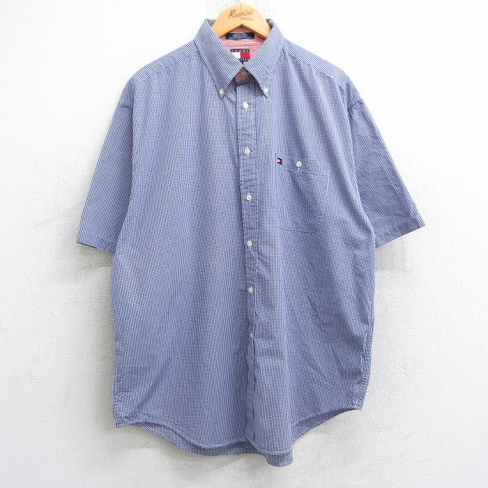XL★古着 トミーヒルフィガー TOMMY HILFIGER 半袖 ブランド シャツ メンズ 90年代 90s ワンポイントロゴ 大きいサイズ ロング丈 コットン ボタンダウン 紫 パープル ギンガム チェック 25jun18 中古 トップス