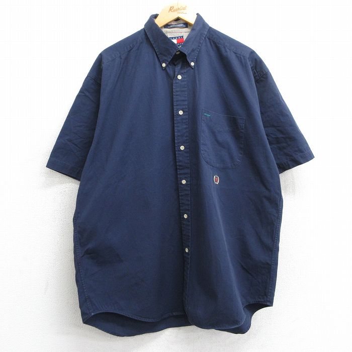 XL★古着 トミーヒルフィガー TOMMY HILFIGER 半袖 ブランド シャツ メンズ 90年代 90s ワンポイントロゴ ロング丈 コットン ボタンダウン 紺 ネイビー 25jun18 中古 トップス