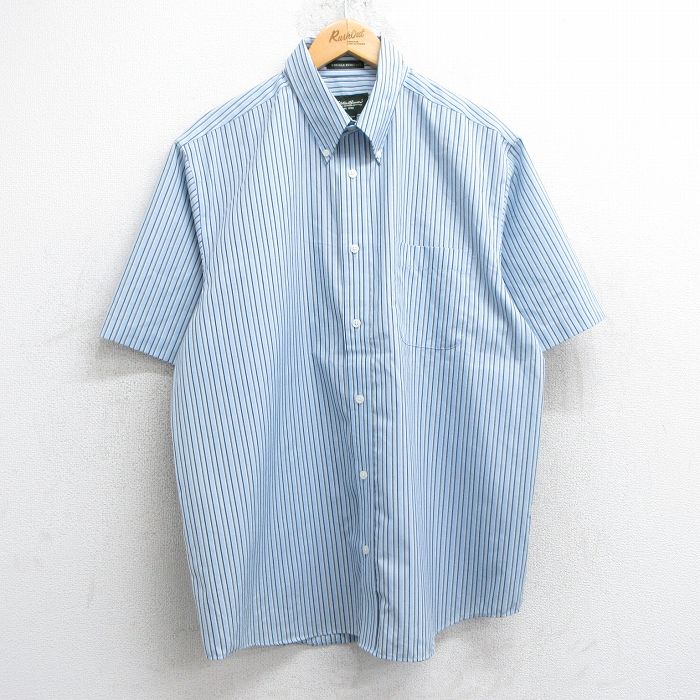 XL★古着 エディーバウアー 半袖 シャツ メンズ コットン ボタンダウン 薄紺他 ネイビー ストライプ 25jun18 中古 トップス