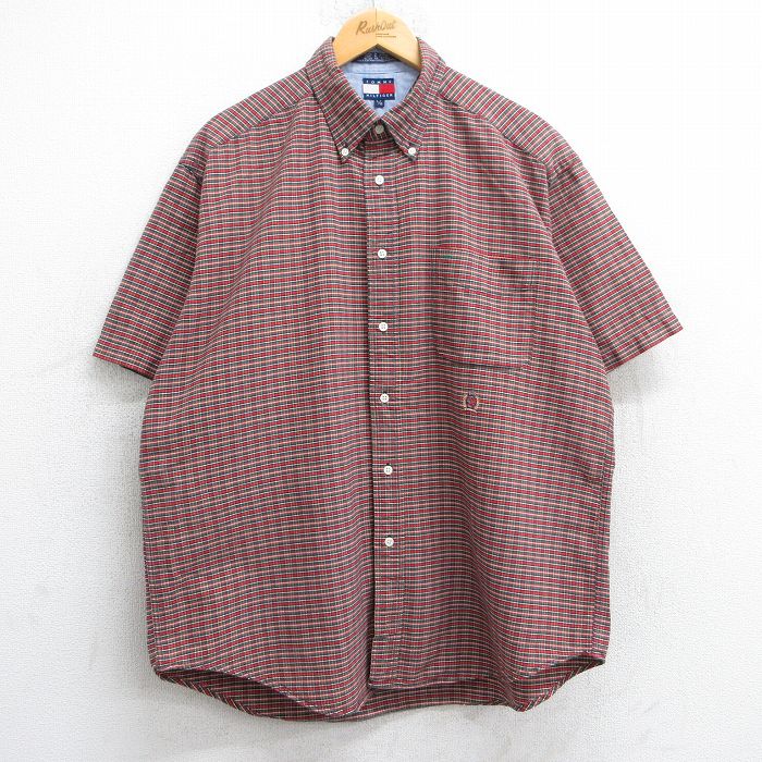 XL★古着 トミーヒルフィガー TOMMY HILFIGER 半袖 ブランド シャツ メンズ 90年代 90s ワンポイントロゴ オックスフォード 大きいサイズ コットン ボタンダウン 赤他 レッド チェック 【spe】 25jun19 中古 トップス