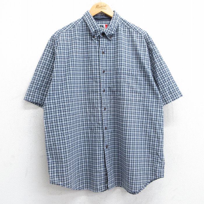 XL★古着 アリゾナジーンズ 半袖 シャツ メンズ 90年代 90s コットン ボタンダウン 紺他 ネイビー チェック 25jun19 中古 トップス