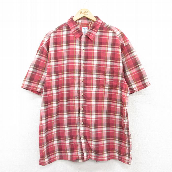 XL★古着 オールドネイビー OLD NAVY 半袖 シャツ メンズ 開襟 オープンカラー 大きいサイズ ロング丈 コットン 赤他 レッド チェック トップループ 25jun20 中古 トップス