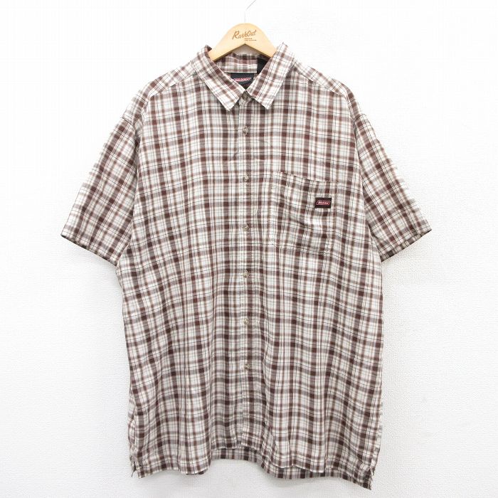XL★古着 ディッキーズ Dickies 半袖 シャツ メンズ 大きいサイズ ロング丈 茶他 ブラウン チェック 25jun20 中古 トップス