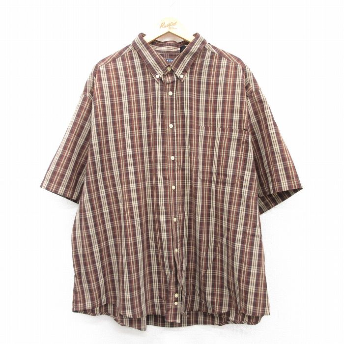 XL★古着 ピューリタン 半袖 シャツ メンズ 00年代 00s 大きいサイズ ロング丈 ボタンダウン 茶他 ブラウン チェック 25jun20 中古 トップス