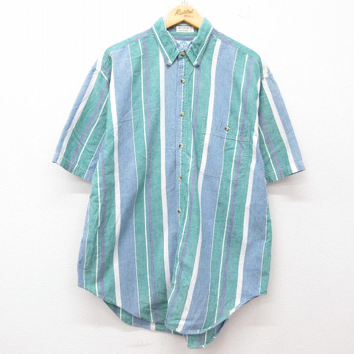 【50%OFF】L★古着 半袖 シャツ メンズ 90年代 90s コットン ボタンダウン 薄緑他 グリーン ストライプ 25jun21 中古 トップス