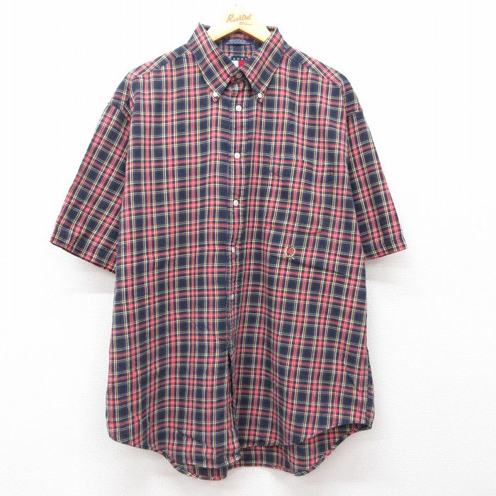 XL★古着 トミーヒルフィガー TOMMY HILFIGER 半袖 ブランド シャツ メンズ 90年代 90s ワンポイントロゴ 大きいサイズ コットン ボタンダウン 黒他 ブラック チェック 25jun21 中古 トップス