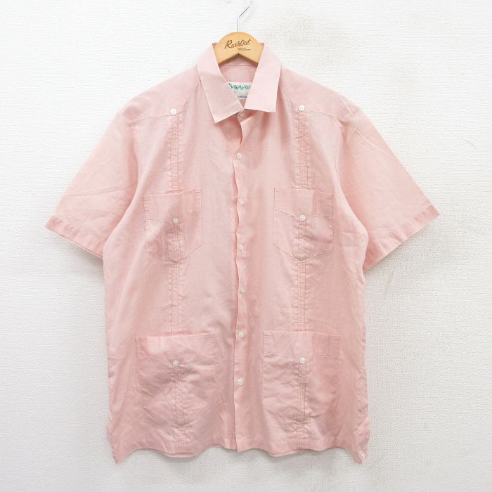 L★古着 半袖 キューバ シャツ メンズ 90年代 90s ピンク 25jun21 中古 トップス