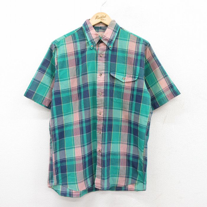 【50%OFF】M★古着 ザフォックスコレクション THE FOX COLLECTION 半袖 シャツ メンズ 90年代 90s ボタンダウン 緑他 グリーン チェック 25jun21 中古 トップス