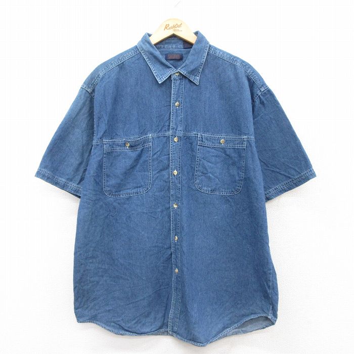XL★古着 半袖 シャツ メンズ 90年代 90s ロング丈 コットン 紺 ネイビー デニム 25jun21 中古 トップス