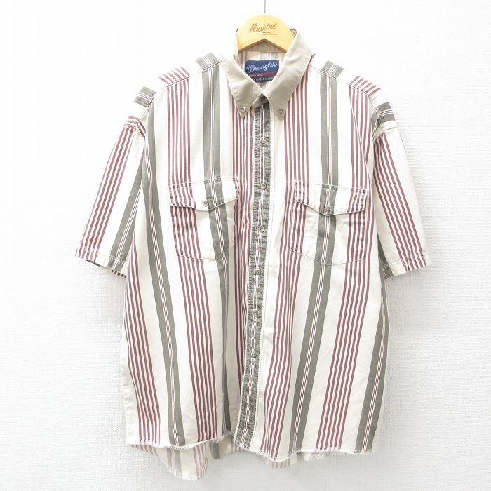 【20%OFF】XL★古着 ラングラー Wrangler 半袖 シャツ メンズ 90年代 90s 大きいサイズ コットン ボタンダウン 生成り他 ストライプ 25jun21 中古 トップス