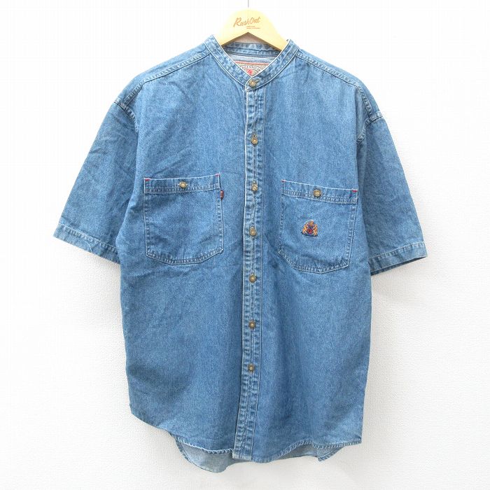 L★古着 半袖 シャツ メンズ 90年代 90s ワンポイントロゴ コットン ノーカラー 紺 ネイビー デニム 【spe】 25jun21 中古 トップス