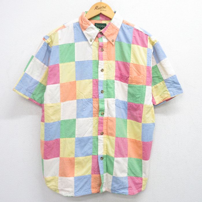 L★古着 半袖 シャツ メンズ 90年代 90s パッチワーク コットン ボタンダウン 黄他 イエロー チェック 【spe】 25jun23 中古 トップス