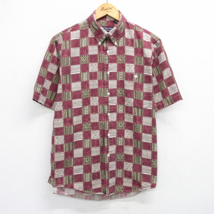 【50%OFF】L★古着 半袖 シャツ メンズ 00年代 00s 総柄 コットン ボタンダウン エンジ他 チェック 25jun23 中古 トップス