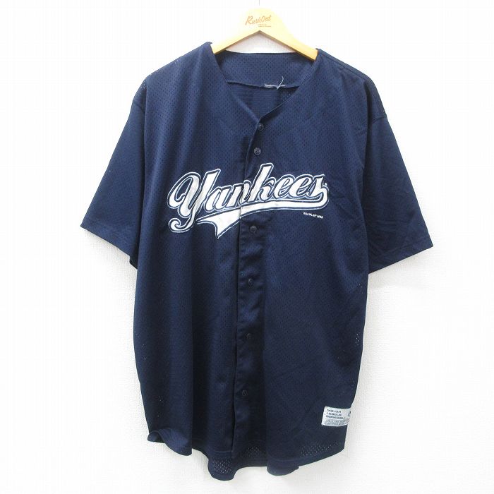 XL★古着 半袖 ベースボール シャツ メンズ 00年代 00s MLB ニューヨークヤンキース メッシュ地 大きいサイズ 紺 ネイビー メジャーリーグ 野球 25jun23 中古 トップス