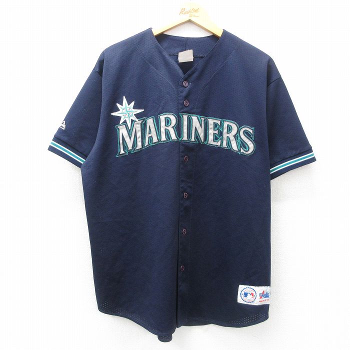 XL★古着 マジェスティック 半袖 ベースボール シャツ メンズ 90年代 90s MLB シアトルマリナーズ メッシュ地 USA製 紺他 ネイビー メジャーリーグ 野球 【spe】 25jun23 中古 トップス