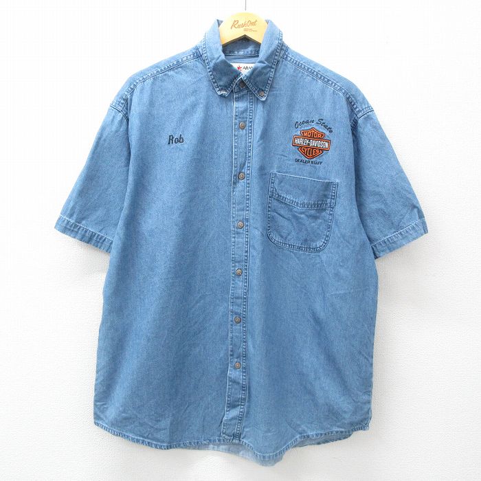 XL★古着 半袖 シャツ メンズ ハーレーダビッドソン Harley Davidson 大きいサイズ コットン ボタンダウン 紺 ネイビー デニム 【spe】 25jun23 中古 トップス
