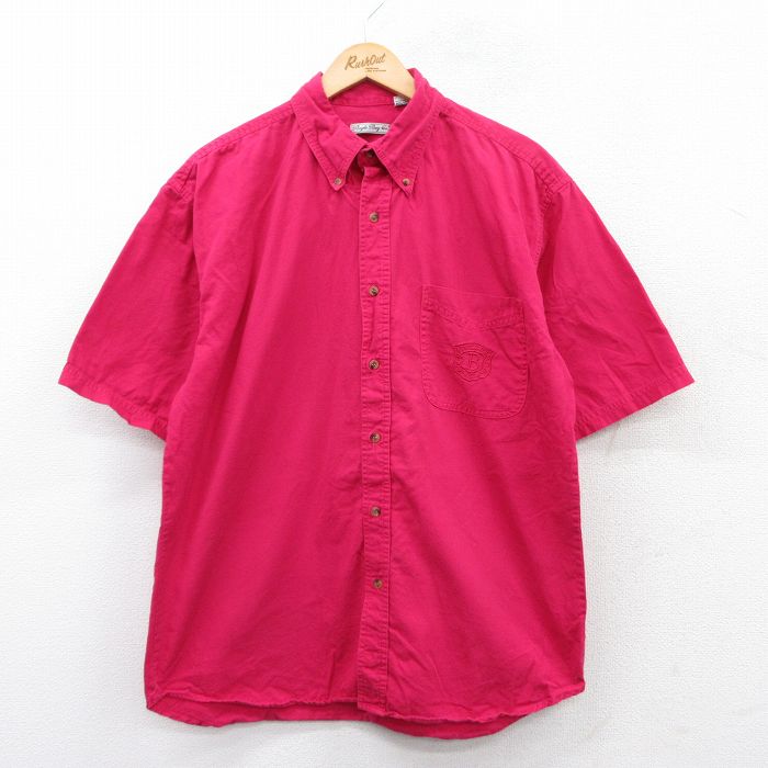 L★古着 ビューグルボーイ 半袖 シャツ メンズ 90年代 90s ワンポイントロゴ コットン ボタンダウン 濃ピンク 25jun23 中古 トップス