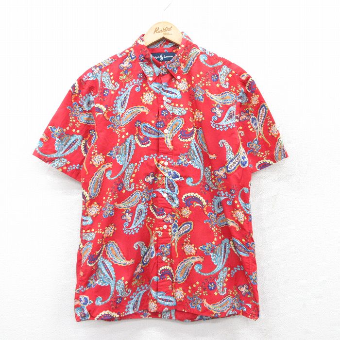 M★古着 ラルフローレン Ralph Lauren 半袖 ブランド シャツ メンズ 90年代 90s ペイズリー柄 コットン ボタンダウン 赤 レッド 【spe】 25jun23 中古 トップス