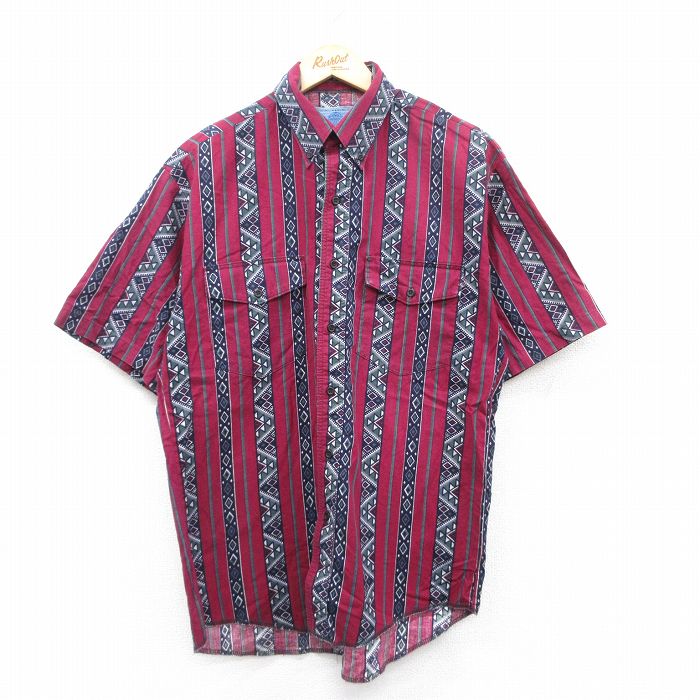 M★古着 半袖 シャツ メンズ 90年代 90s ネイティブ柄 ラグ柄 コットン ボタンダウン エンジ他 ストライプ 25jun23 中古 トップス