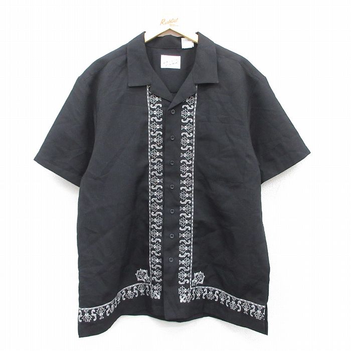 XL★古着 半袖 シャツ メンズ 開襟 オープンカラー 黒 ブラック 25jun23 中古 トップス
