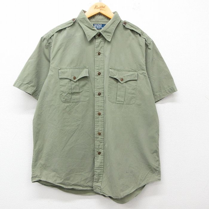 XL★古着 ラルフローレン Ralph Lauren 半袖 ブランド ワーク シャツ メンズ 90年代 90s コットン 緑 グリーン 【spe】 25jun23 中古 トップス