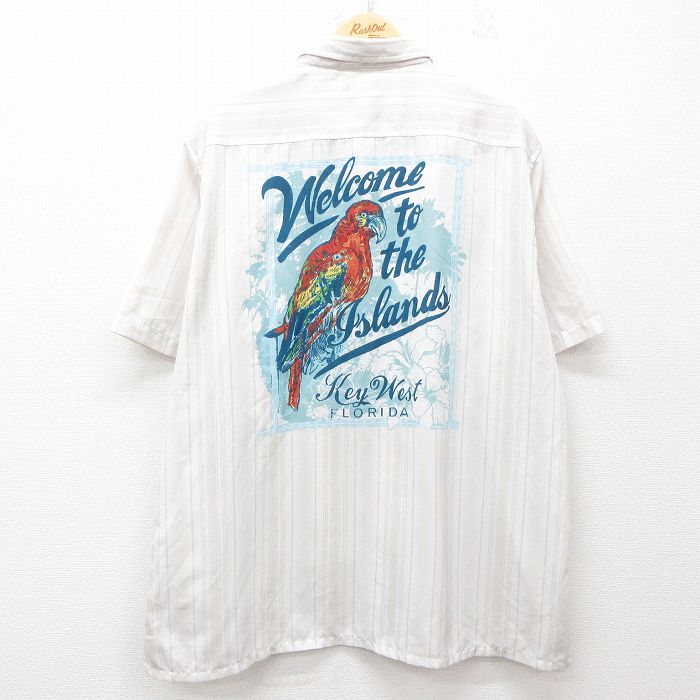 XL★古着 半袖 シャツ メンズ 鳥 大きいサイズ 白他 ホワイト ストライプ 25jun23 中古 トップス