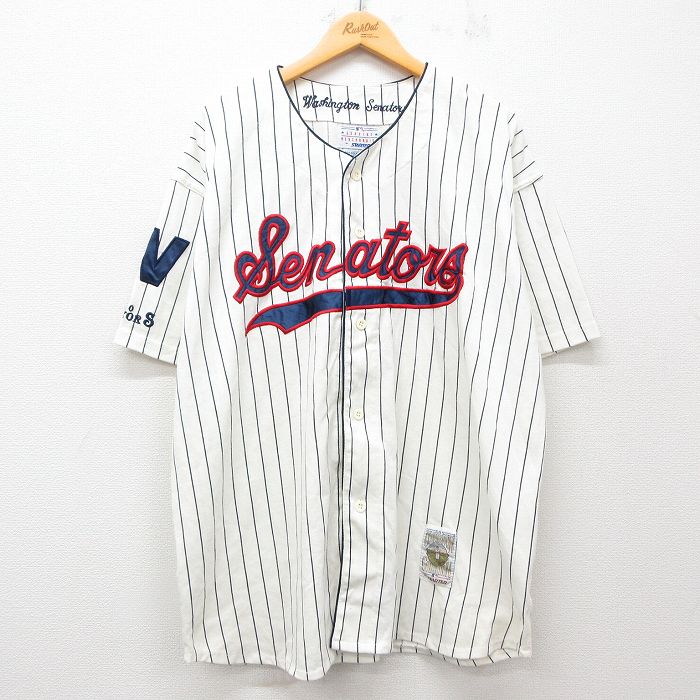 XL★古着 スターター STARTER 半袖 ベースボール シャツ メンズ 00年代 00s MLB ワシントンセネタース大きいサイズ ロング丈 生成り他 ストライプ メジャーリーグ 野球 【spe】 25jun23 中古 トップス