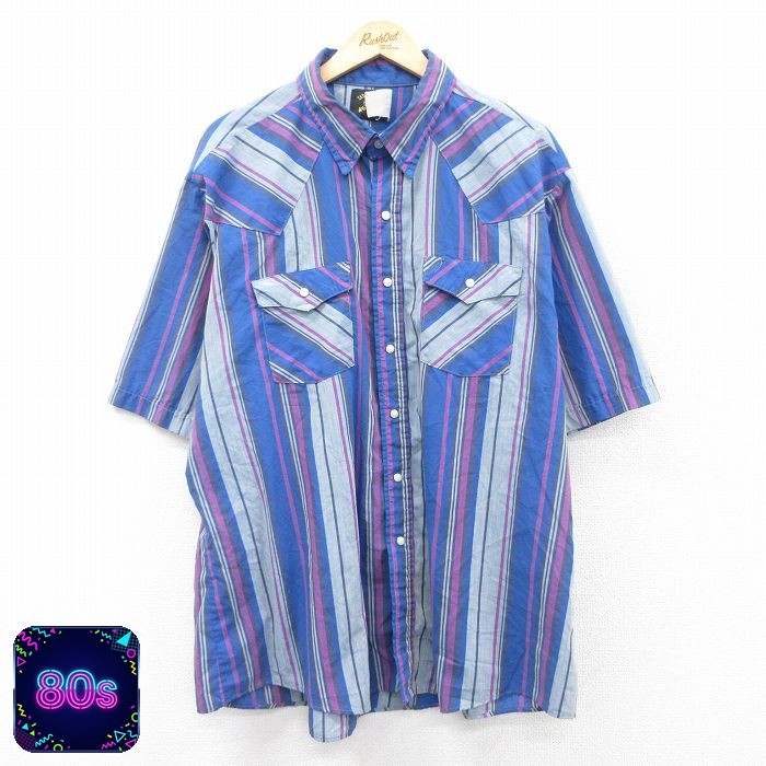 【50%OFF】キー 80s 半袖ウエスタンシャツ ブルーストライプ XL | 古着