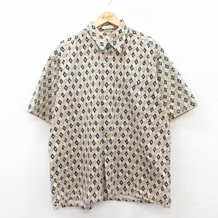 XL★古着 ピエールカルダン pierre cardin 半袖 シャツ メンズ 90年代 90s 総柄 大きいサイズ コットン ベージュ他 カーキ 25jun24 中古 トップス
