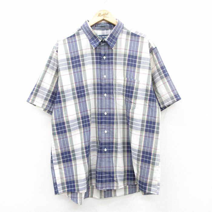 XL★古着 バンヒューセン 半袖 シャツ メンズ 90年代 90s 大きいサイズ 紺他 ネイビー チェック 25jun24 中古 トップス