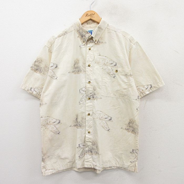 【50%OFF】XL★古着 半袖 シャツ メンズ 90年代 90s 魚 総柄 コットン ボタンダウン 薄ベージュ他 カーキ 【spe】 25jun24 中古 トップス