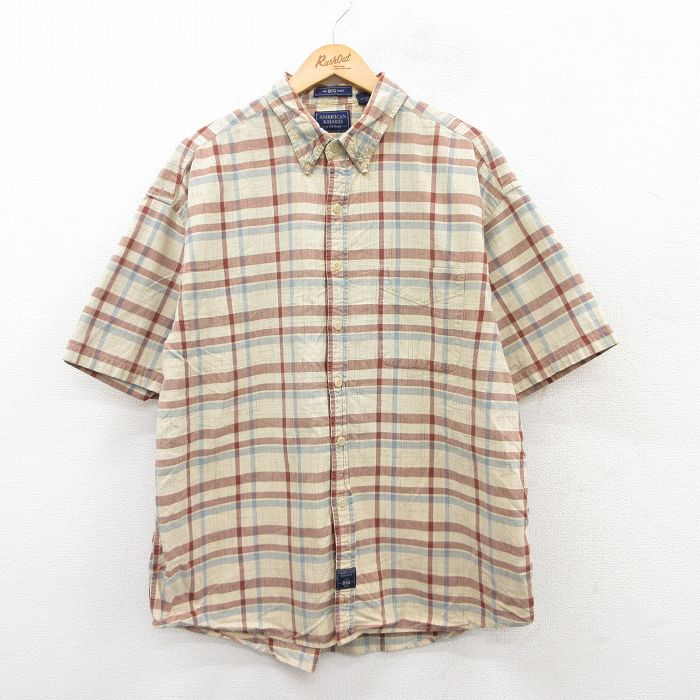 【50%OFF】L★古着 バンヒューセン 半袖 シャツ メンズ 大きいサイズ コットン ボタンダウン ベージュ他 カーキ チェック 25jun24 中古 トップス