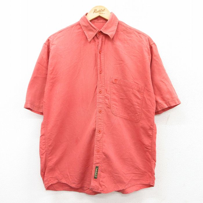 L★古着 ティンバーランド 半袖 シャツ メンズ 90年代 90s ワンポイントロゴ コットン 赤系 レッド 25jun24 中古 トップス