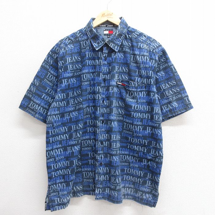 XL★古着 トミーヒルフィガー TOMMY HILFIGER トミージーンズ 半袖 ブランド シャツ メンズ 90年代 90s 総柄 コットン 紺他 ネイビー 【spe】 25jun24 中古 トップス