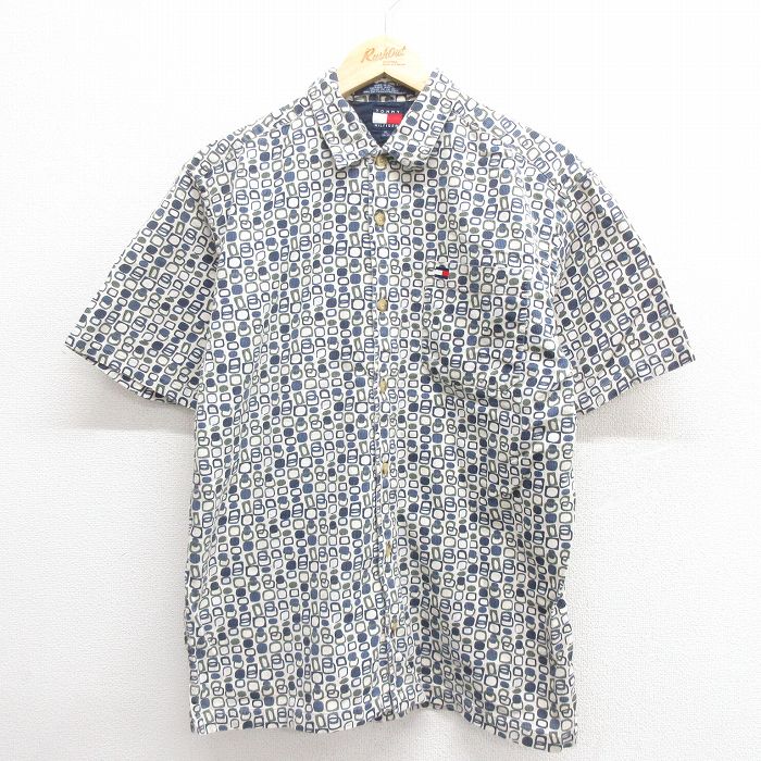 M★古着 トミーヒルフィガー TOMMY HILFIGER 半袖 ブランド シャツ メンズ 90年代 90s ワンポイントロゴ コットン 紺他 ネイビー 25jun24 中古 トップス