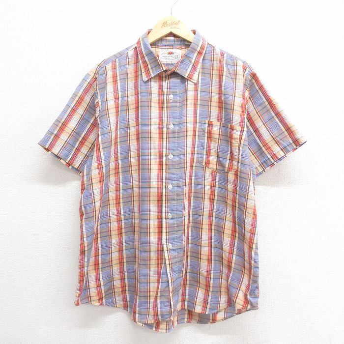 XL★古着 フルーツオブザルーム 半袖 シャツ メンズ 80年代 80s 大きいサイズ 薄紺他 ネイビー チェック 25jun24 中古 トップス